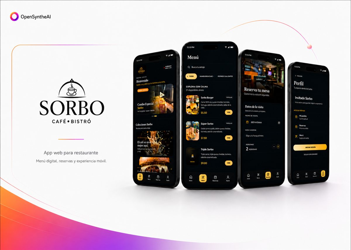 App web para restaurante Sorbo Café Bistró: menú digital, reservas y perfil de usuario en cuatro pantallas de móvil.