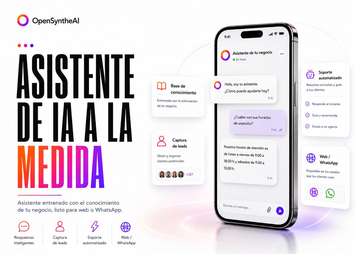Asistente de IA a la medida respondiendo por WhatsApp, con base de conocimiento del negocio y captura automática de clientes potenciales.