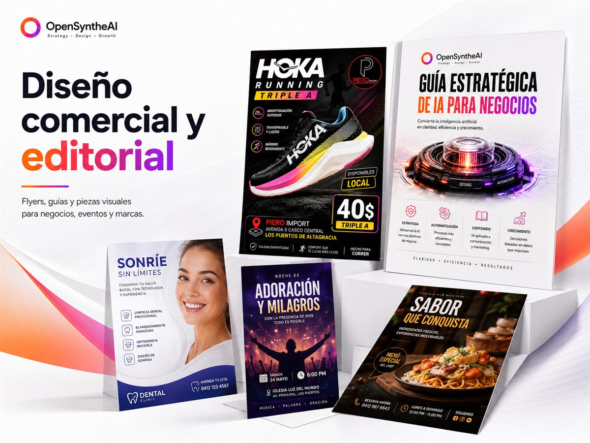 Piezas de diseño comercial de OpenSyntheAI: flyers publicitarios para tienda deportiva, clínica dental, restaurante e iglesia, junto a una guía estratégica.