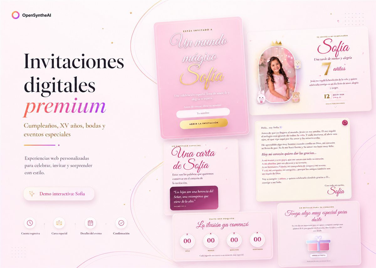 Invitación digital premium de cumpleaños: portada personalizada, carta especial, cuenta regresiva y confirmación de asistencia.