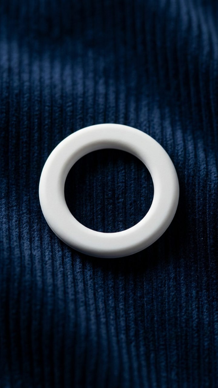 El anillo de OpenSyntheAI en goma blanca sobre pana azul