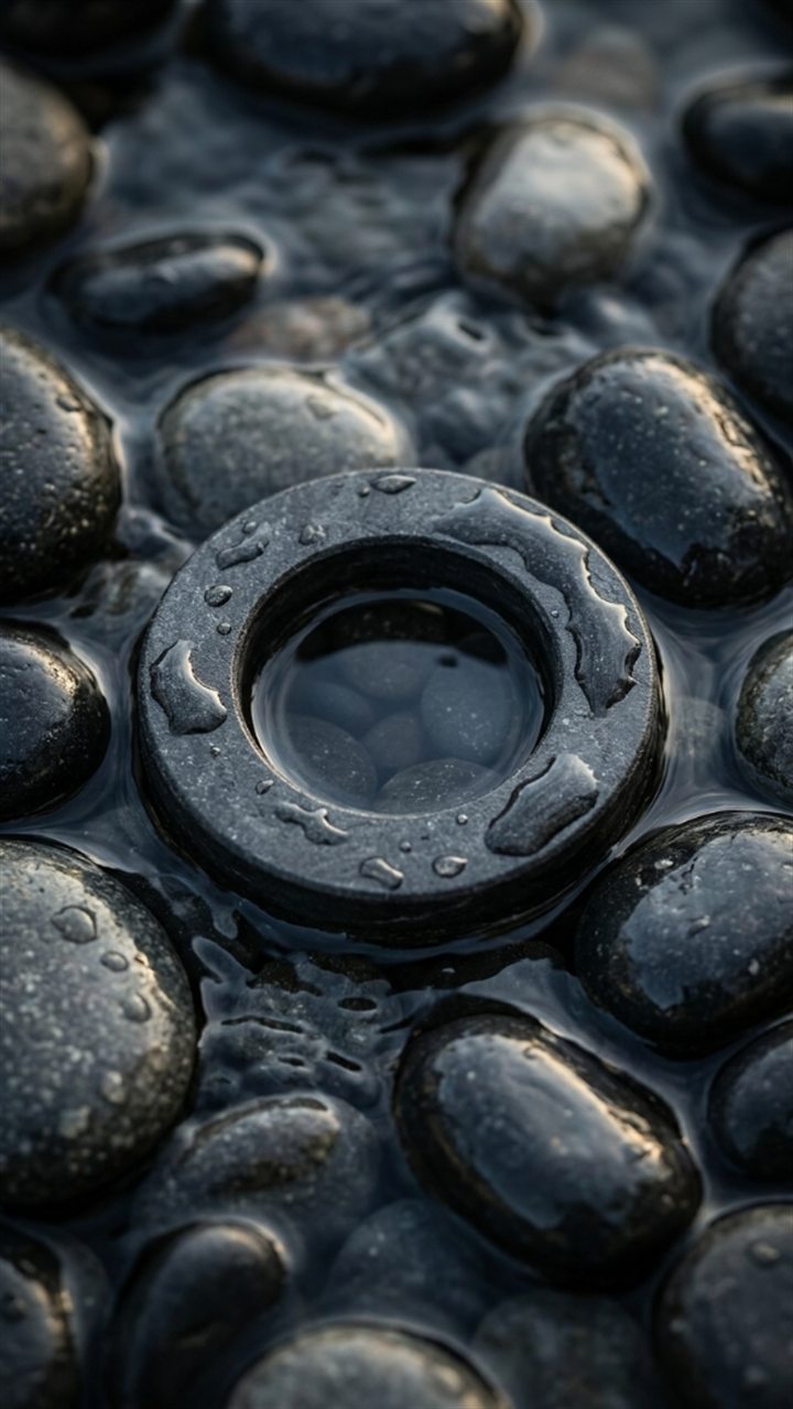 El anillo de OpenSyntheAI en piedra de grafito entre rocas mojadas