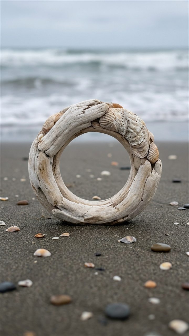 El anillo de OpenSyntheAI en madera erosionada sobre la playa