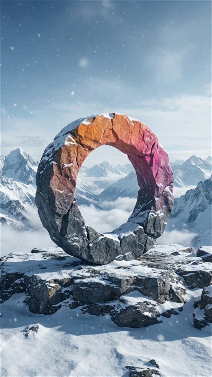 El anillo de OpenSyntheAI en monumento de piedra en la montaña